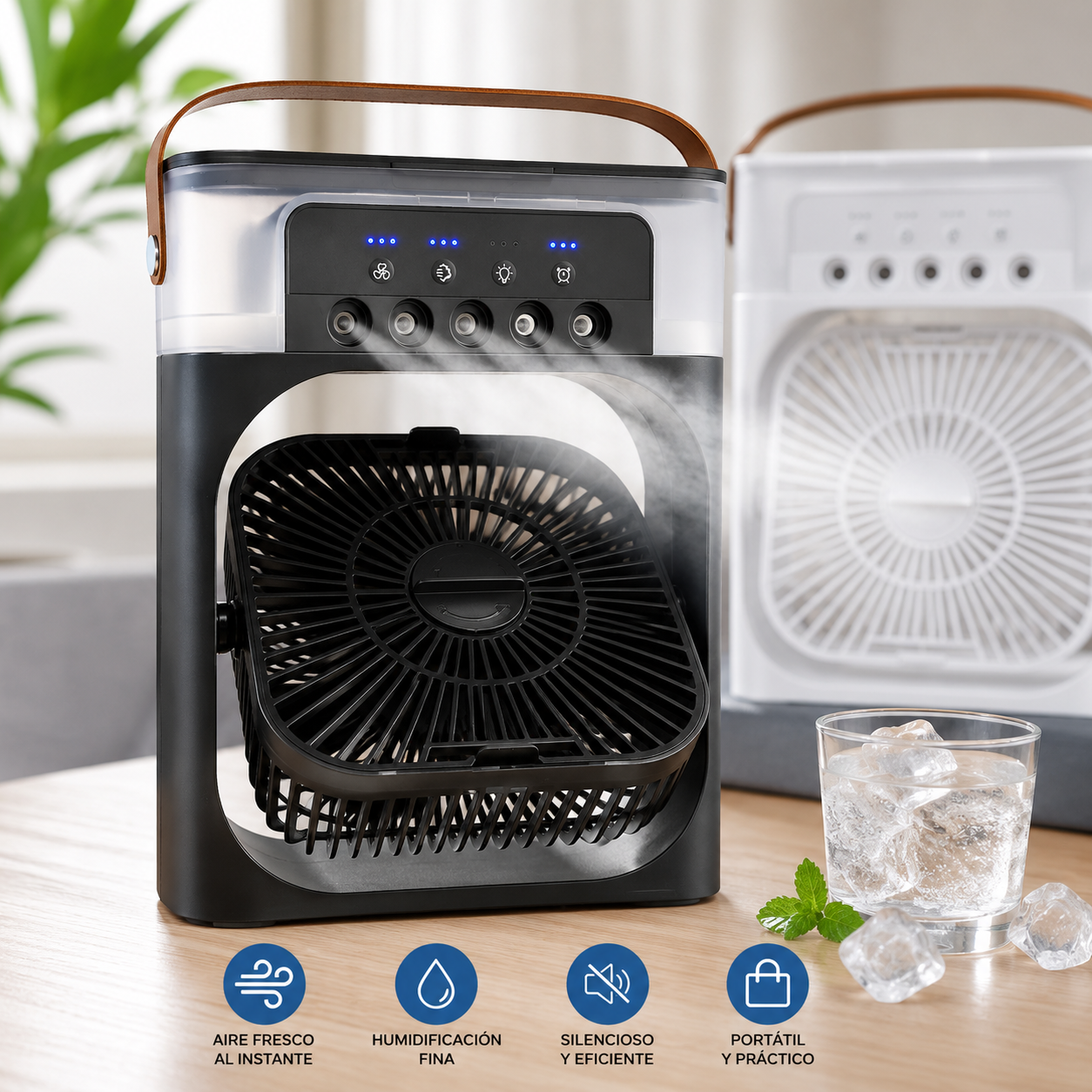 Ventilador Humidificador negro — vista frontal RojasTech Bio